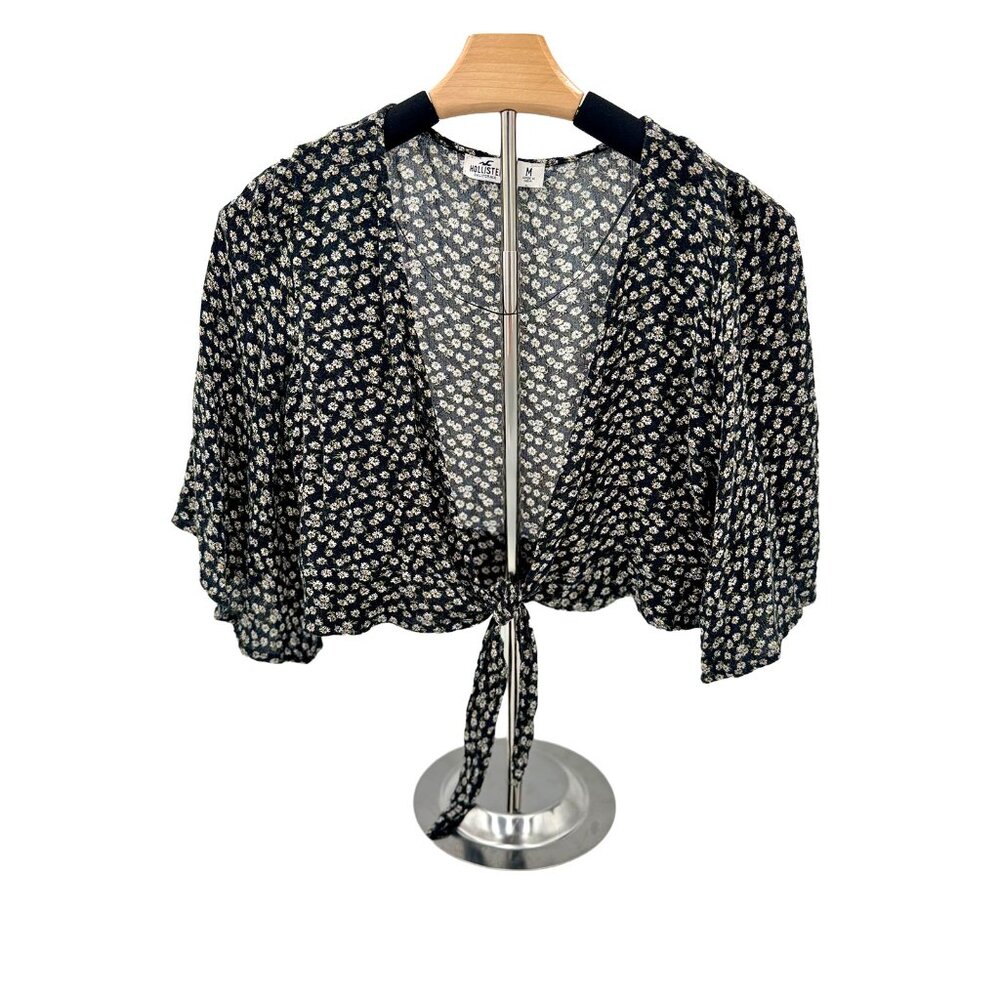 Hollister Floral Tie‎ Front Crop Top Black White Ditsy Flower V-Neck Blouse M
